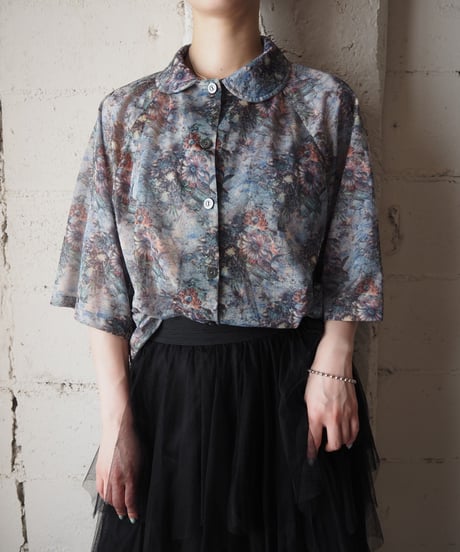 1970's Impressionist Floral Print Short Sleeve Blouse GN