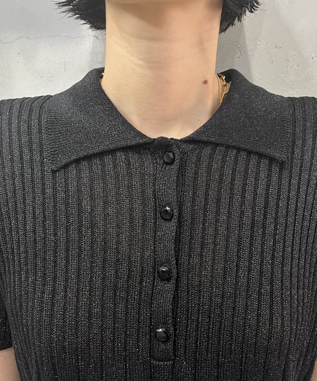 Lame Short Sleeve Polo Knit BK