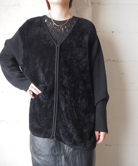 Knit×Velor V Neck Cardigan BK