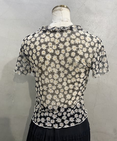 S/S Flower Pattern Sheer Tops BK WH