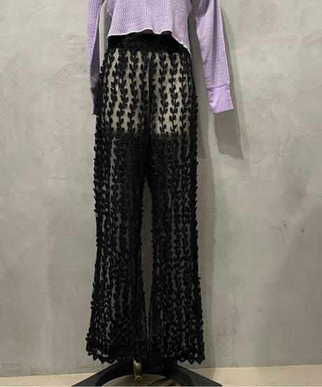 Sheer Leaf Lace Flared Pants BK