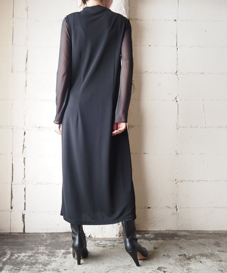 Tie Design Spandex Mix N/S Long Dress BK