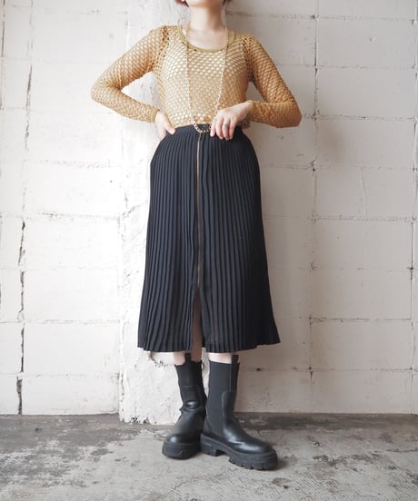 Front Zip Design Pleated Skirt BKGD