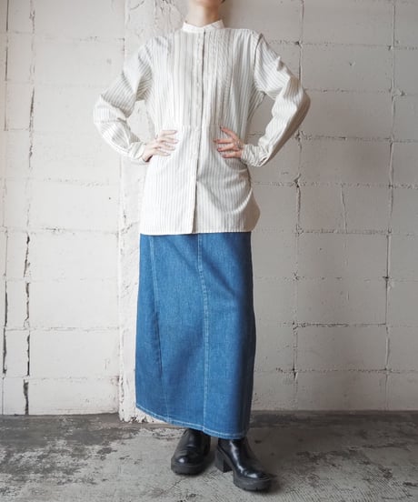 LAUREN Band Collar Front Pleats Shirt IVBL