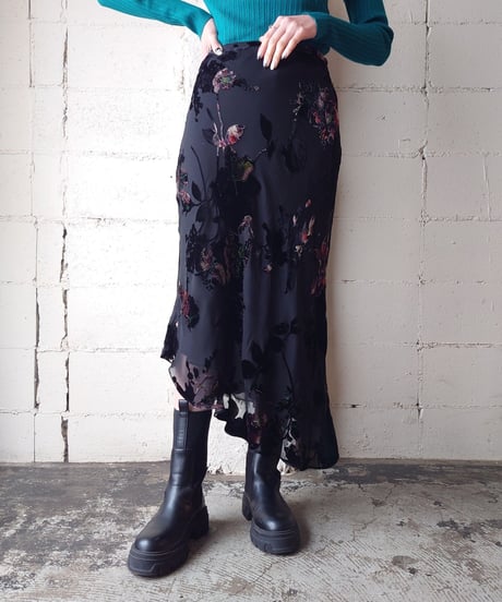 Seethough×Velour Flower Pattern Skirt BK
