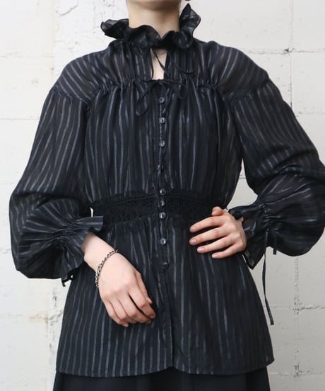 String Shirring Stripe Blouse BK