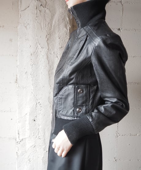 Rib High Neck Zipup Leather Jacket BK