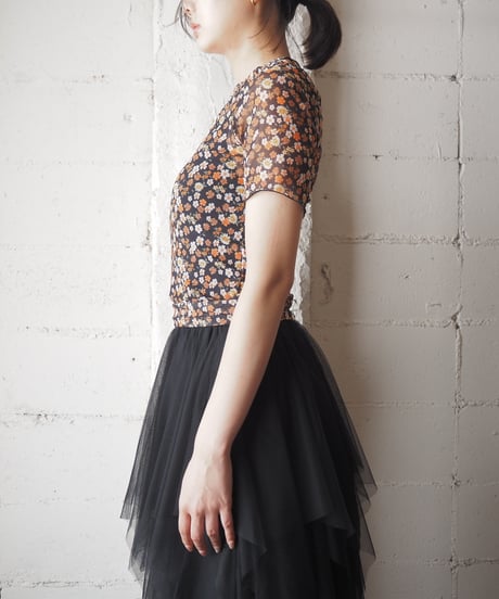 S/S Flower Pattern Sheer Tops BKOR