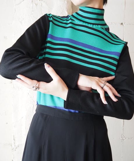 1970's Mock Neck Stripe Sweater BKGNPUR