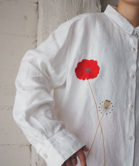 Cacharel Flower Embroidery Linen Shirt WH RE