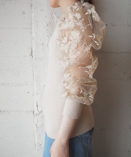 Flower Lace Sheer×Rib Knit Tops BE