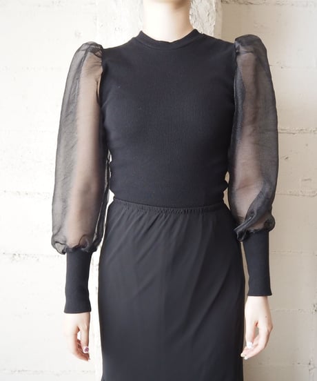 Puff Sleeve Sheer Rib Knit BK
