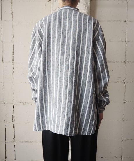 Band Collar Linen Stripe Shirt WHGR