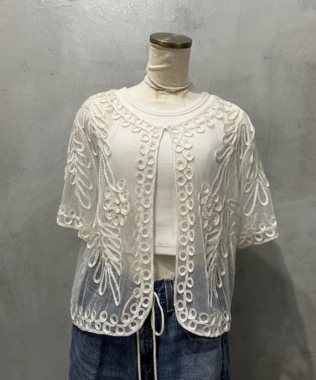 S/S Tape Embroidery Sheer Blouse WH