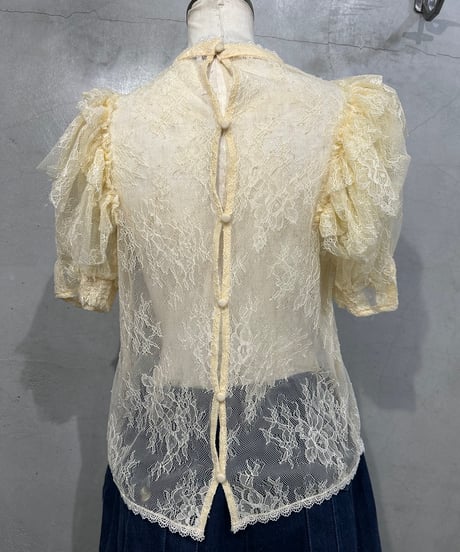 Short Sleeve Band Collar Lace Blouse IV