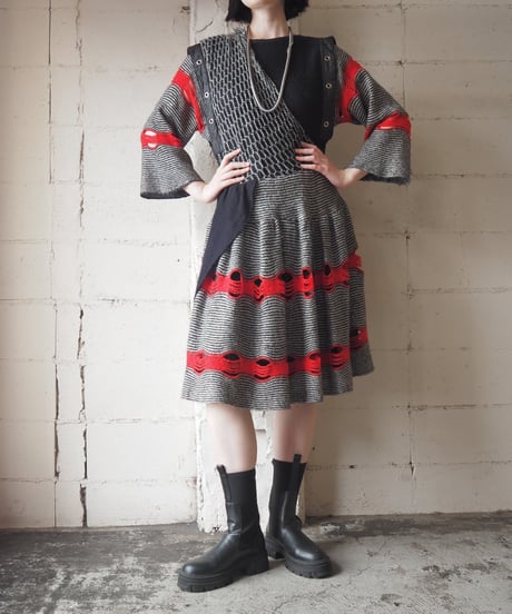 1980's Many Materials Asymmetric Design Dress BK RE