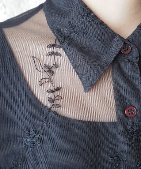 Sheer×Flower Embroidery S/S Shirt BK