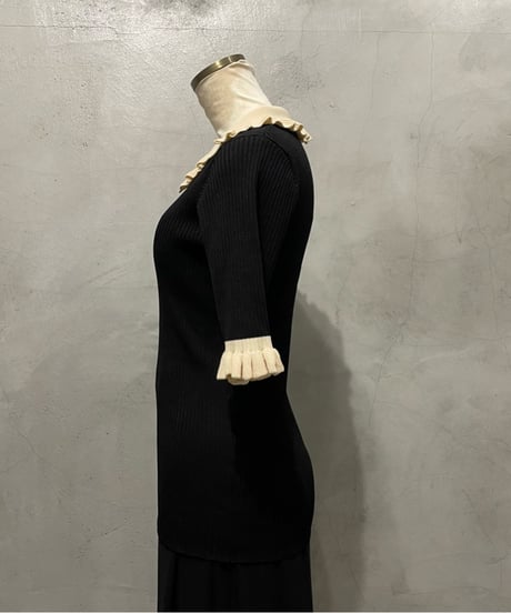 Bicolor S/S Frill Polo Rib Knit BKIV