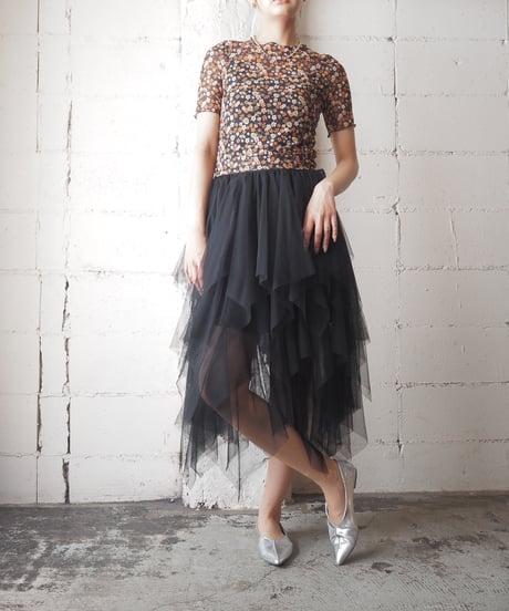 S/S Flower Pattern Sheer Tops BKOR