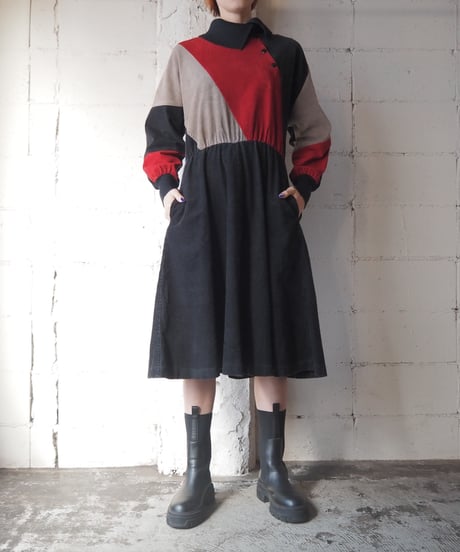 1970's Rib Collar Tricolor Cords Dress BKGRRE