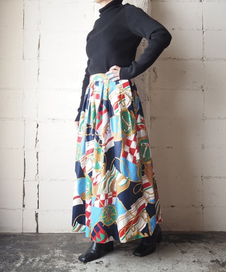 Marine  Pattern Flared Skirt BKBLRE