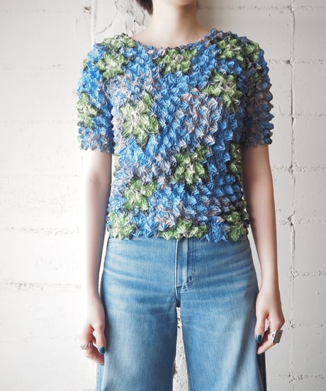 Flower Pattern Short Sleeve Popcorn Tops BLGN