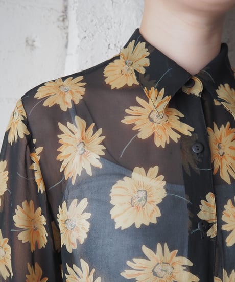 Flower Print Silk Sheer Shirt BKYE