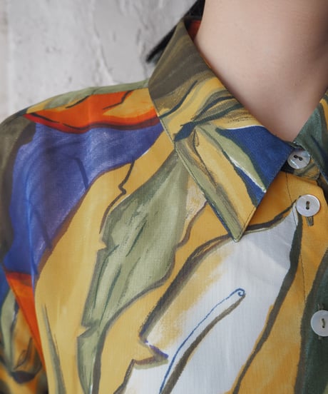 S/S Drawing Pattern Sheer Shirt GN NV OR