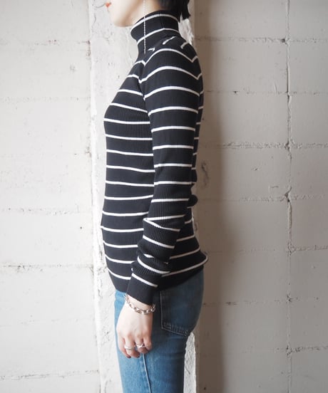 LAUREN Border Turtle Neck Knit BK WH