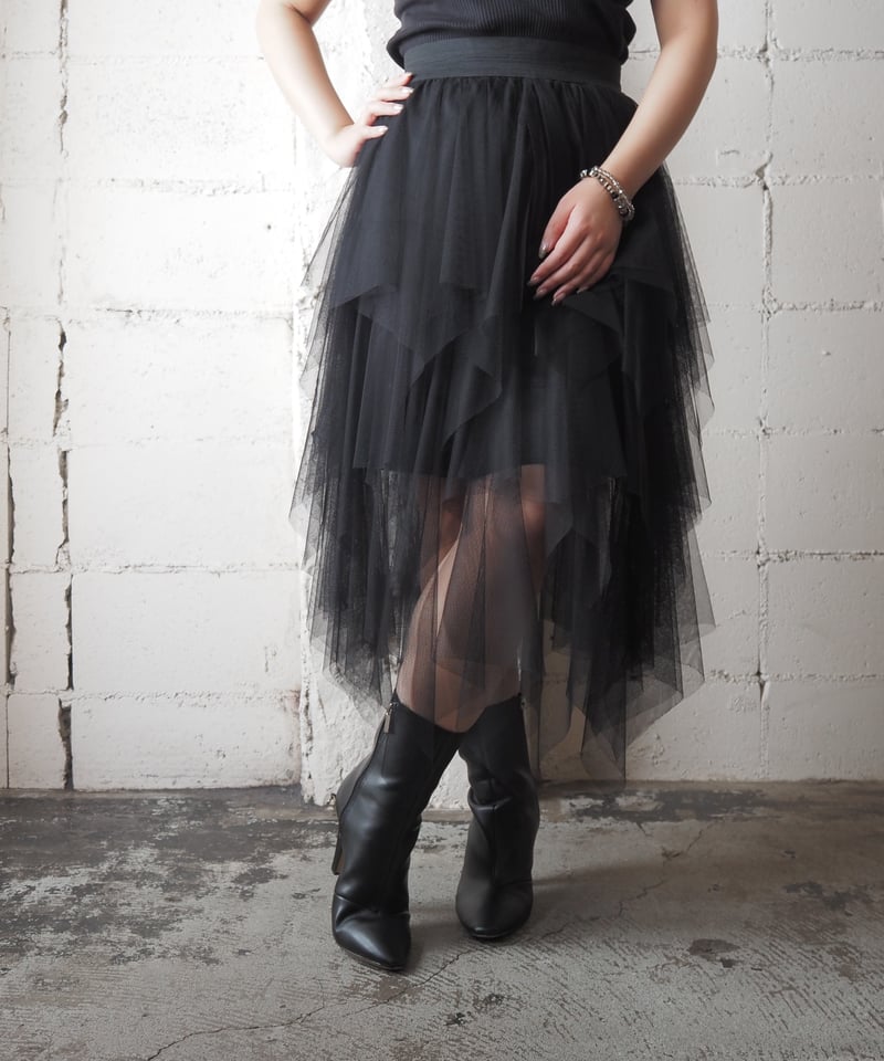 【新品未使用】tulle skirt Lig. チュールスカート　black しまむら】 未使用 柄入りチュールスカート ロングスカート 黒