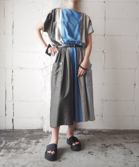 Shoulder Button French Sleeve Stripe Dress BEBLKA