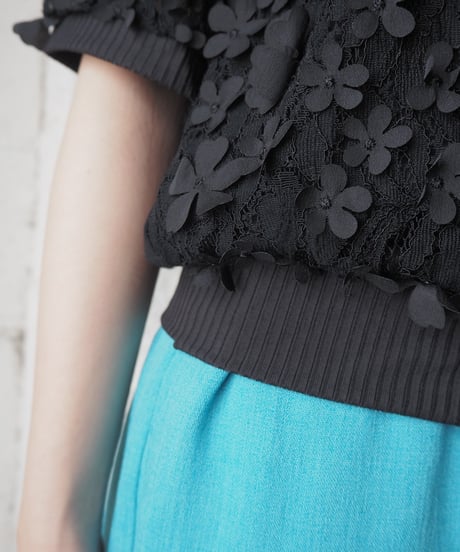 Lace×3D Flower Short Sleeve Tops BK