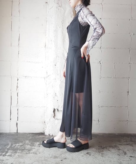 Switching Sheer Sleeveless Dress BLK