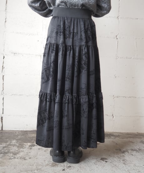 Velour Pattern Tiered Skirt BK