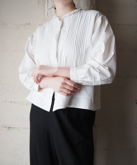 1920-30's Euro Cutwork Pintuck Long Sleeve Cotton Blouse WH