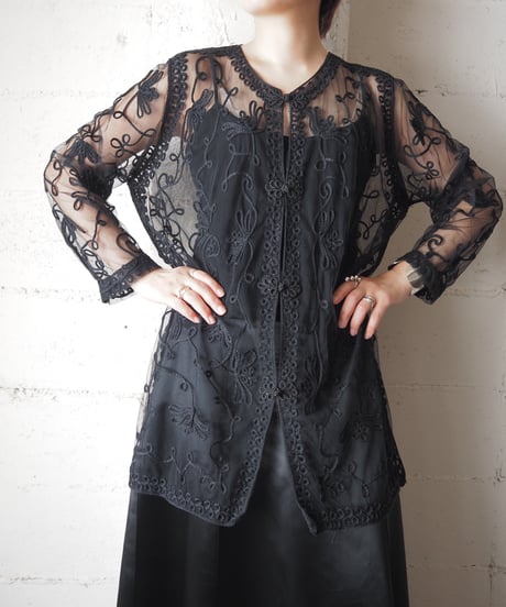 Tape Embroidery Sheer Blouse BK