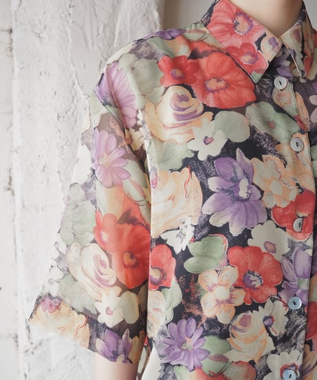 Flower Print Sheer Shirt BK RE LGN