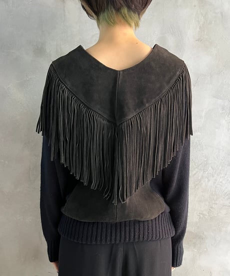 Leather Switching Fringe Knit BK