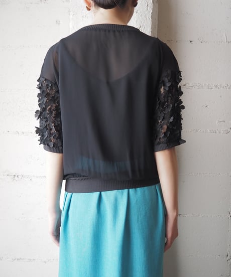 Lace×3D Flower Short Sleeve Tops BK
