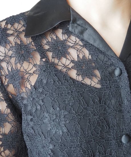 Satin × Lace Open Collar Shirt BK