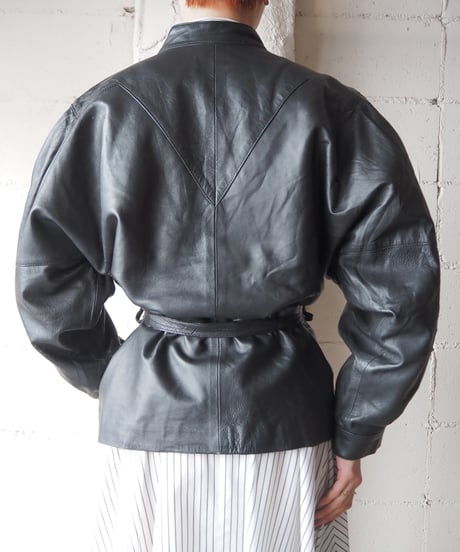 Tuck Shoulder Stand Collar Leather Jacket BK
