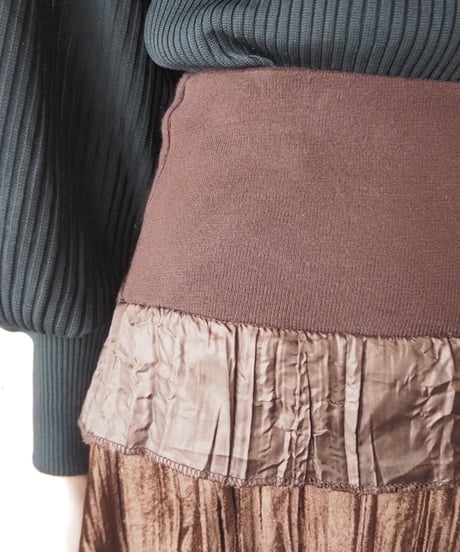 Knit Waist Velour×Satin Tiered Skirt DBR
