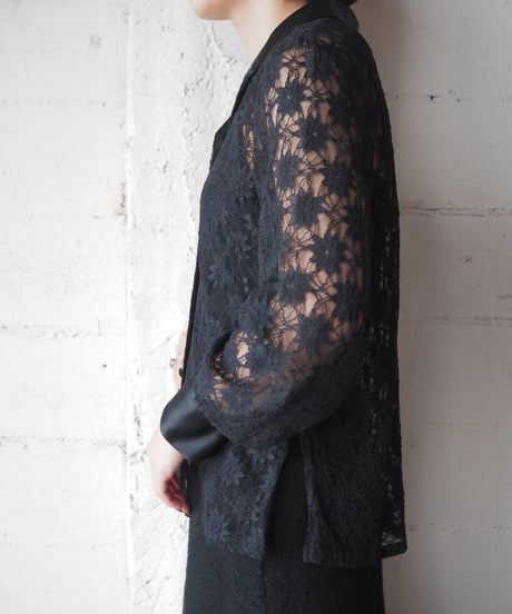 Satin × Lace Open Collar Shirt BK
