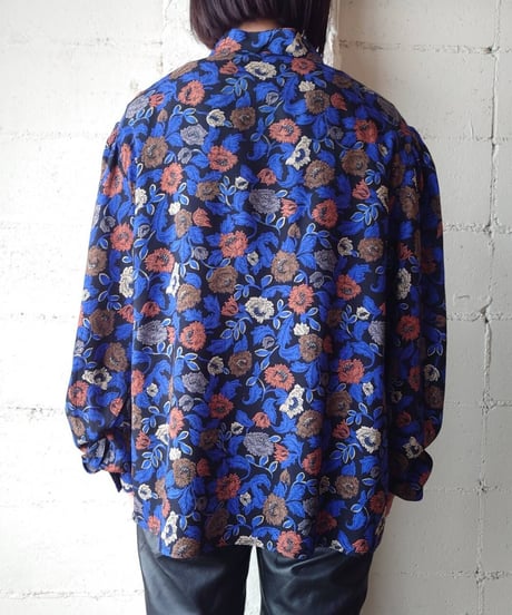 Stand Collar Flower Pattern Blouse BKBLOR