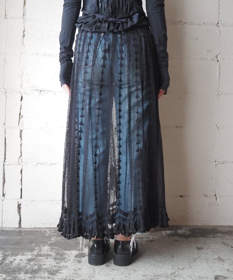 Mesh × Lace Volume Flared Skirt BK