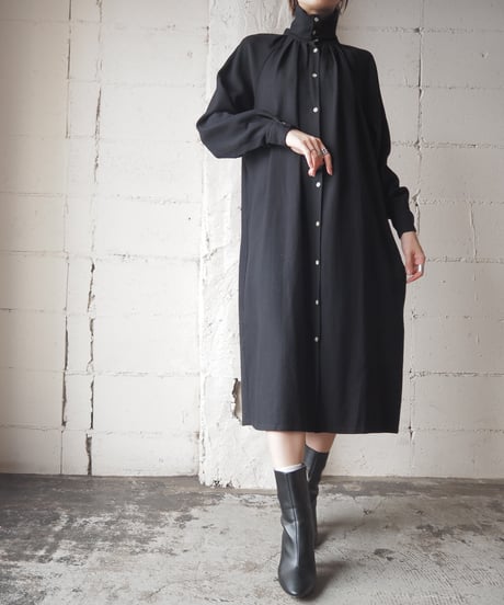 Button Collar Wool Shirt Dress BK