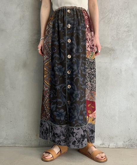 Patchwork Design Front Botton Skirt BURBL