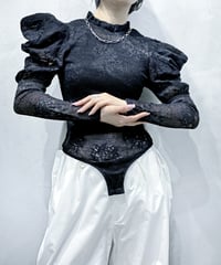 Gathered Puff Sleeve Lace Bodysuit BK