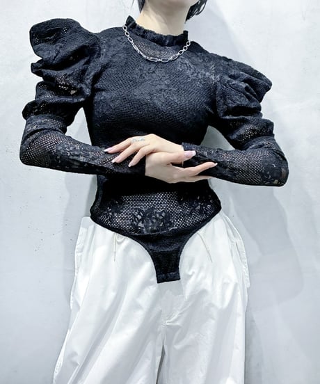 Gathered Puff Sleeve Lace Bodysuit BK