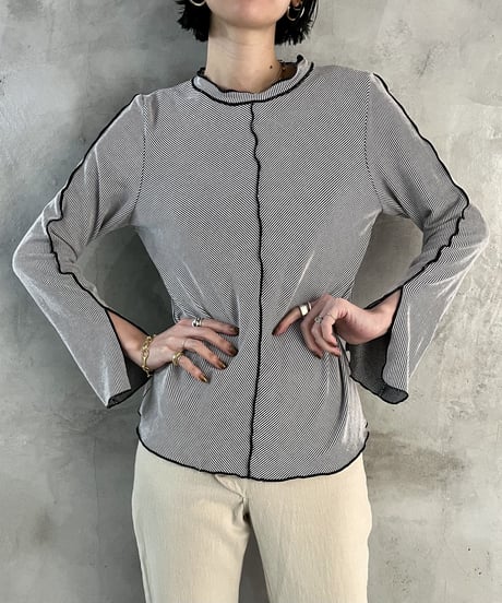 Thin Tripe Pattern Mellow Slit Sleeve Design Cut Sew BKWH